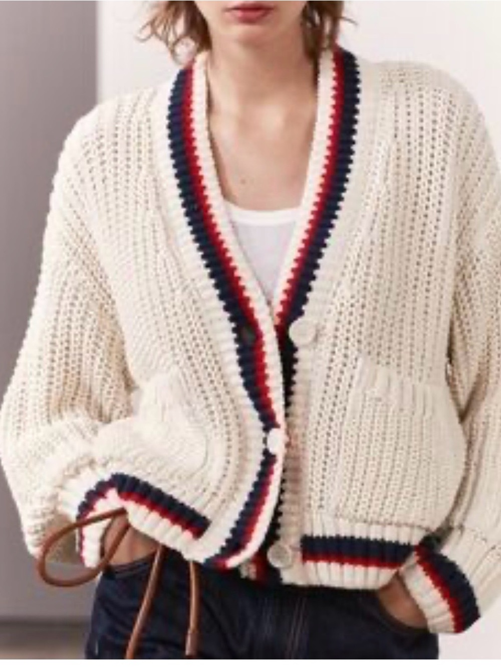 Zara Striped Trim Chunky Knit Cardigan Small